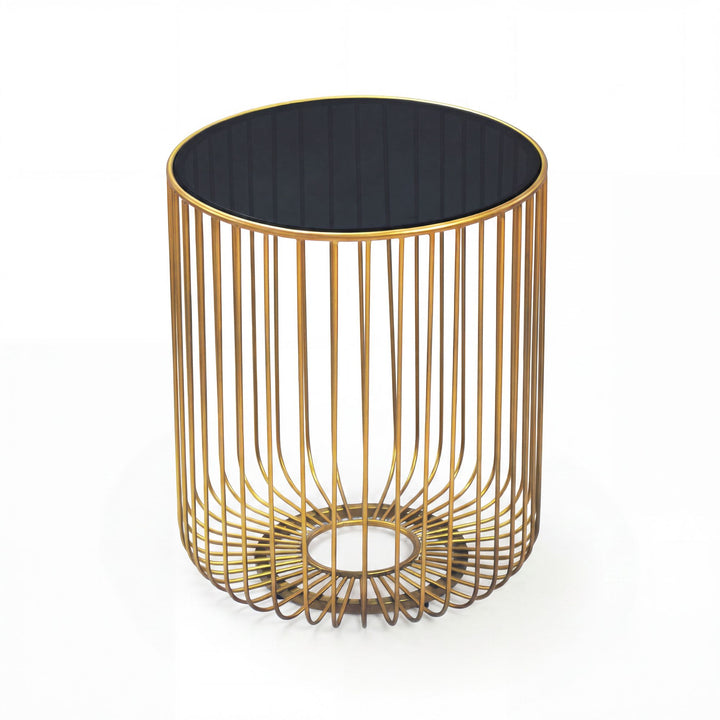 Rundt Sidebord 40 cm i Guld Metal med Glasplade – Moderne Designbord med Gitterstel