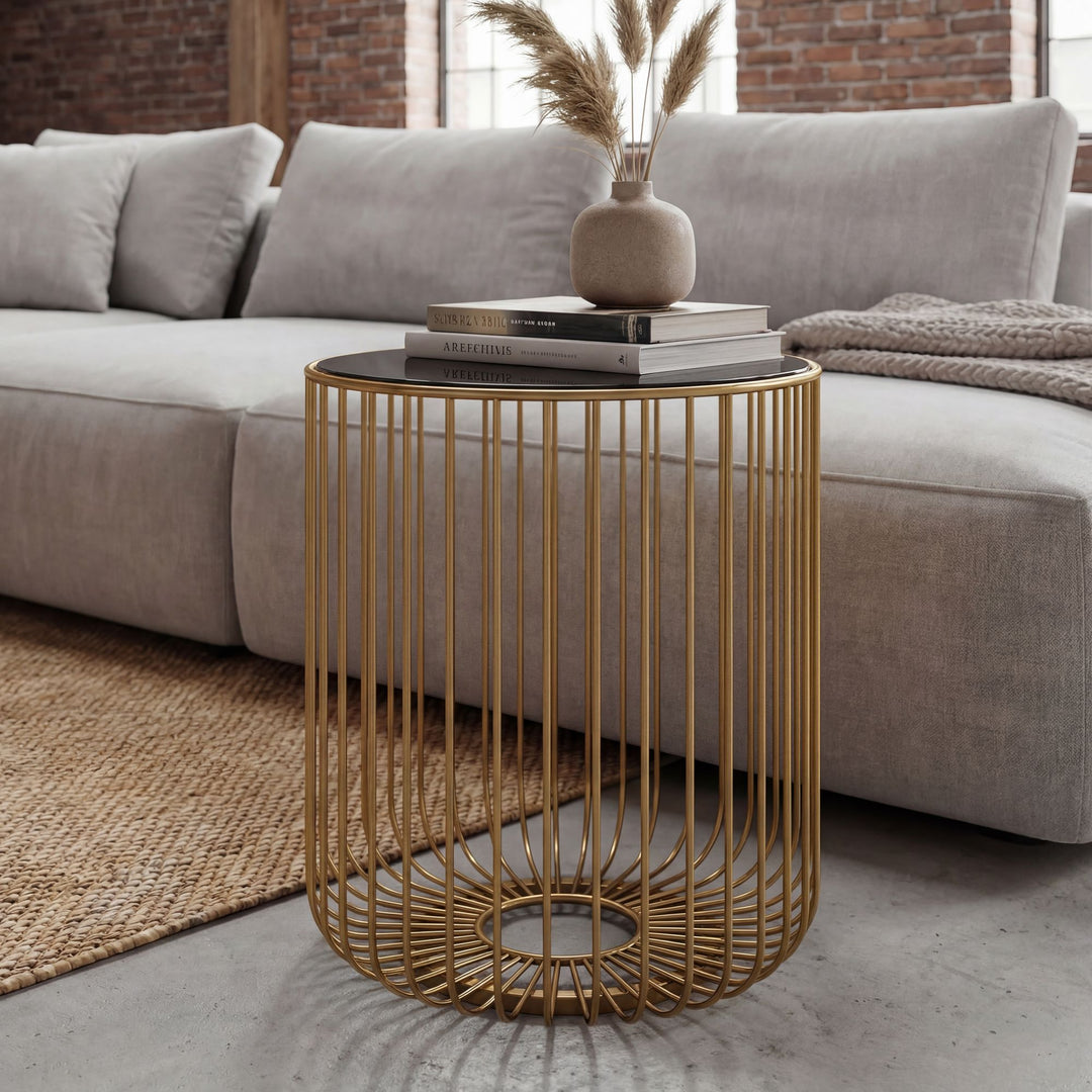 Rundt Sidebord 40 cm i Guld Metal med Glasplade – Moderne Designbord med Gitterstel