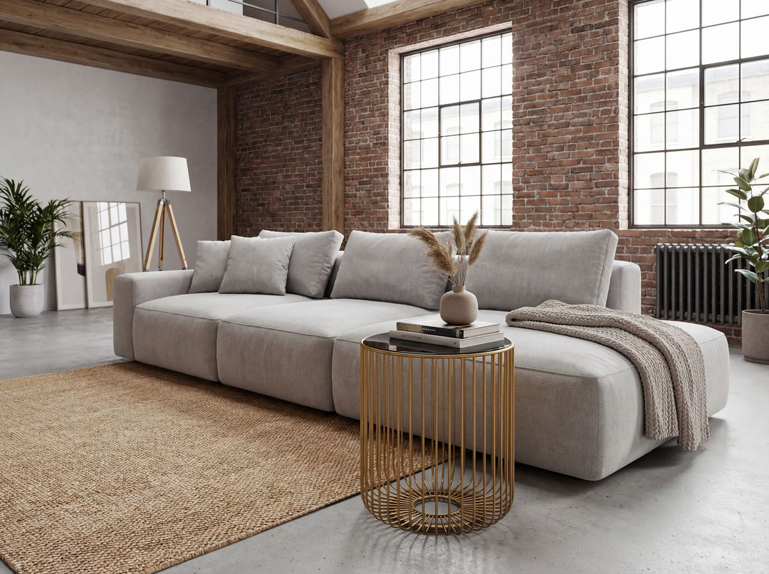 Rundt Sidebord 40 cm i Guld Metal med Glasplade – Moderne Designbord med Gitterstel