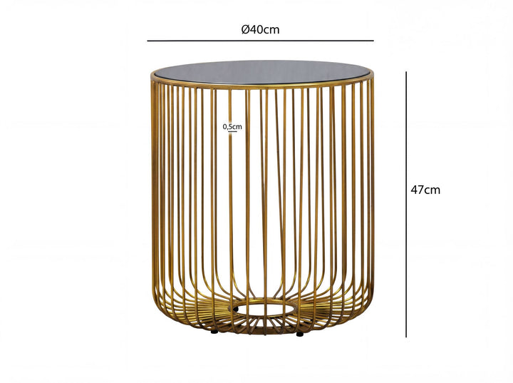 Rundt Sidebord 40 cm i Guld Metal med Glasplade – Moderne Designbord med Gitterstel
