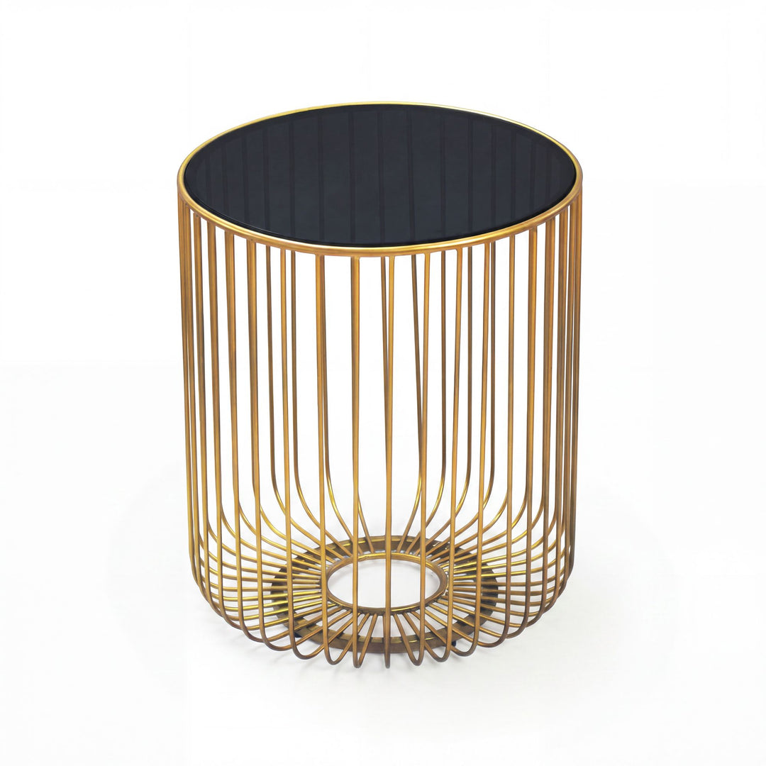 Rundt Sidebord 40 cm i Guld Metal med Glasplade – Moderne Designbord med Gitterstel