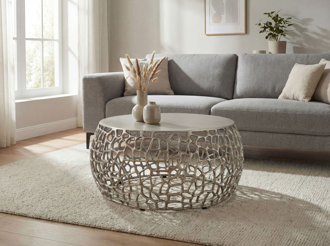 Rundt Sofabord 60 cm i Sølv Aluminium – Designbord med Grenstruktur