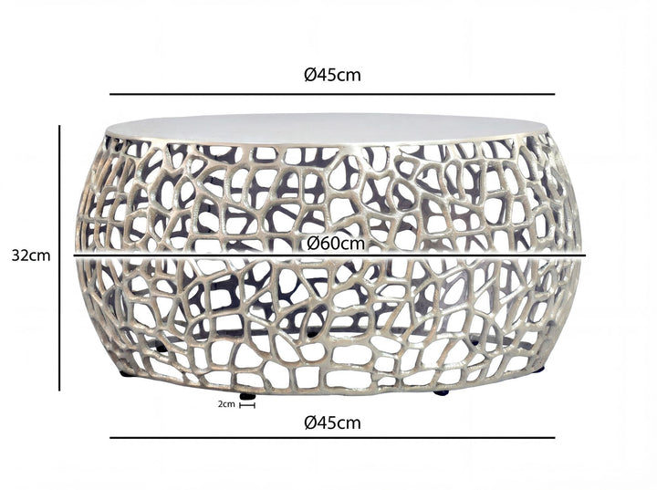 Rundt Sofabord 60 cm i Sølv Aluminium – Designbord med Grenstruktur