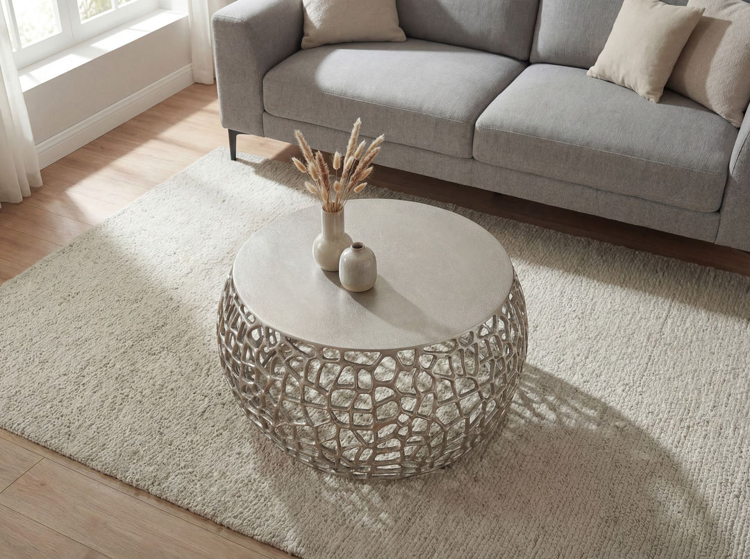 Rundt Sofabord 60 cm i Sølv Aluminium – Designbord med Grenstruktur