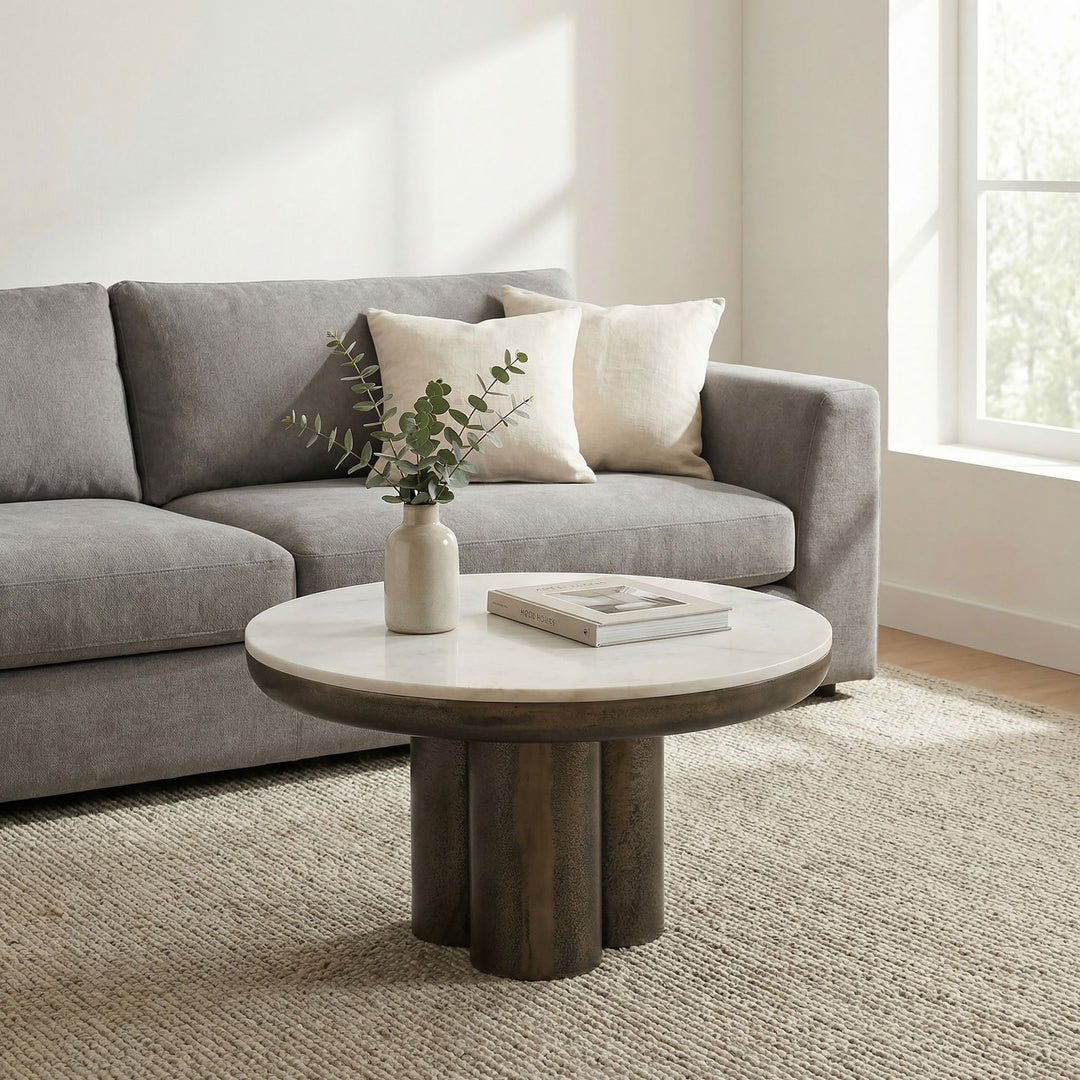 Rundt Sofabord 60 cm i Aluminium med Hvid Marmorbordplade – Moderne Designbord