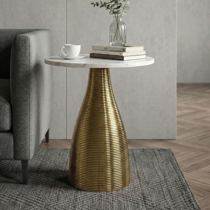 Rundt sidebord 40 cm guld med massiv marmorplade hvid - Natursten sofabord forlængerbord,  håndlavet