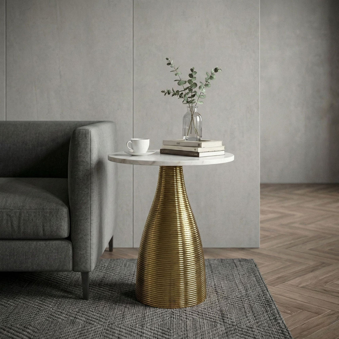 Rundt sidebord 40 cm guld med massiv marmorplade hvid - Natursten sofabord forlængerbord,  håndlavet