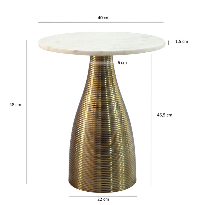 Rundt sidebord 40 cm guld med massiv marmorplade hvid - Natursten sofabord forlængerbord,  håndlavet