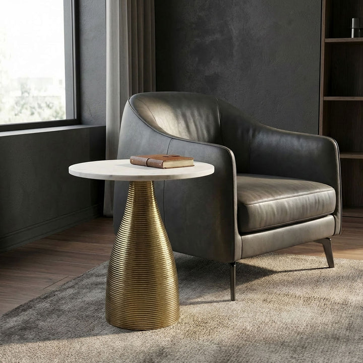 Rundt sidebord 40 cm guld med massiv marmorplade hvid - Natursten sofabord forlængerbord,  håndlavet