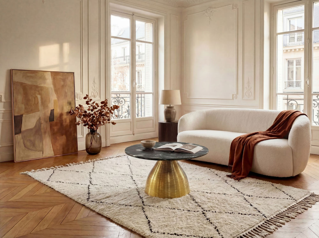 Rundt Sofabord 60 cm i Guld Aluminium med Sort Marmorbordplade – Moderne Designbord