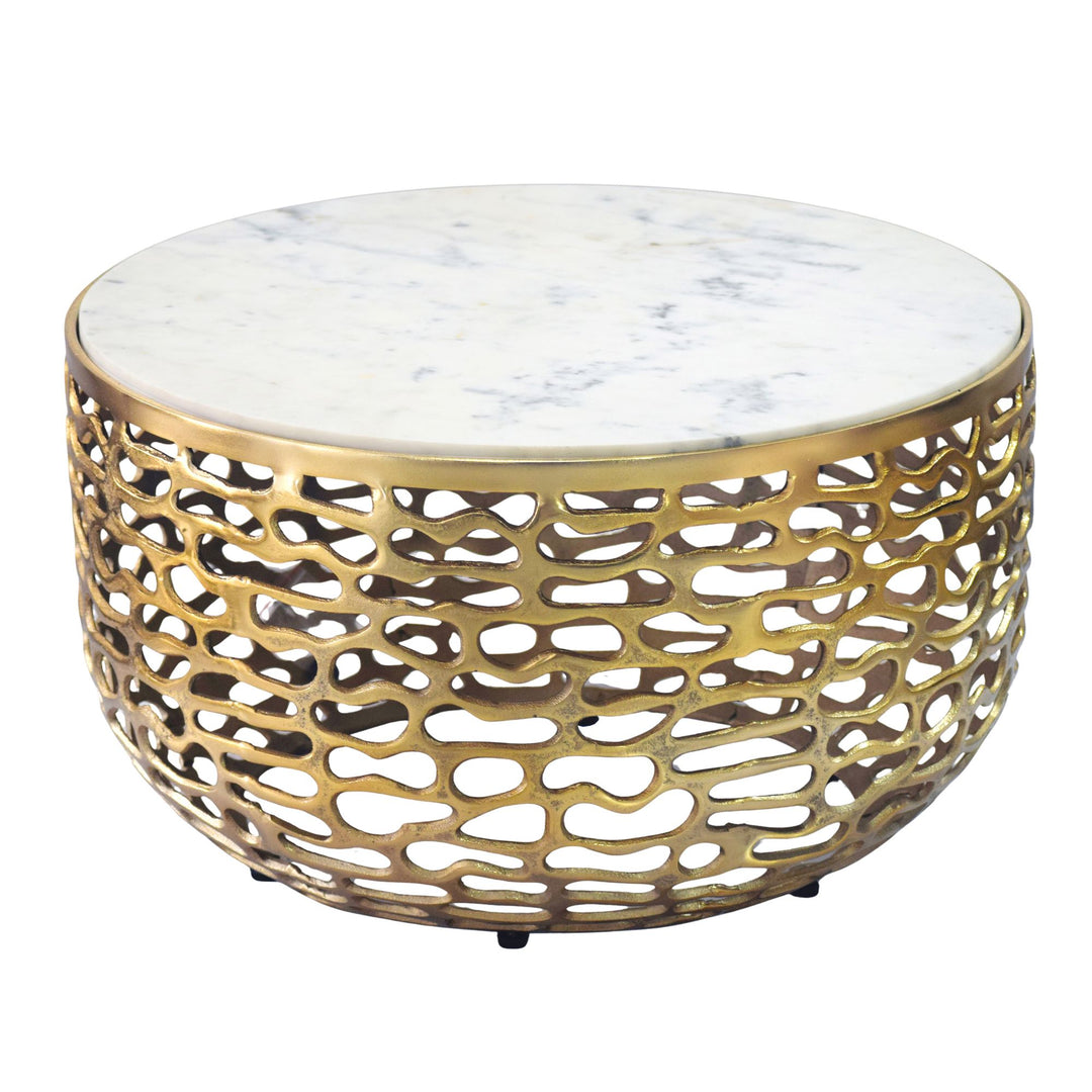 Designer sofabord i metal, guldfarvet med hvid marmorbordplade, 60 cm rundt, håndlavet
