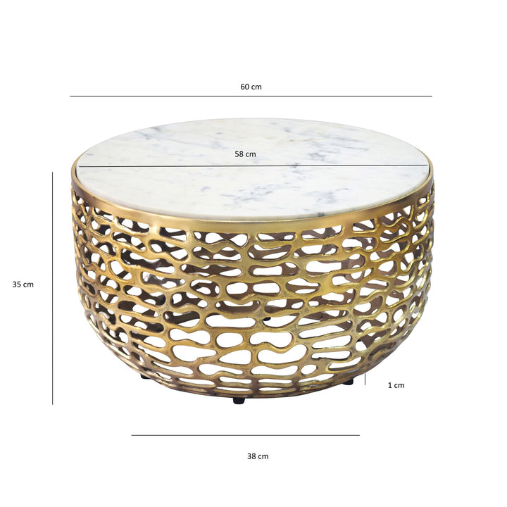 Designer sofabord i metal, guldfarvet med hvid marmorbordplade, 60 cm rundt, håndlavet