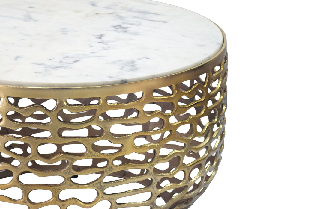Designer sofabord i metal, guldfarvet med hvid marmorbordplade, 60 cm rundt, håndlavet