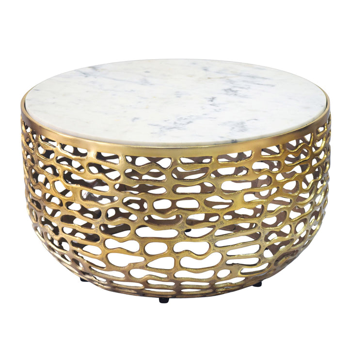 Designer sofabord i metal, guldfarvet med hvid marmorbordplade, 60 cm rundt, håndlavet