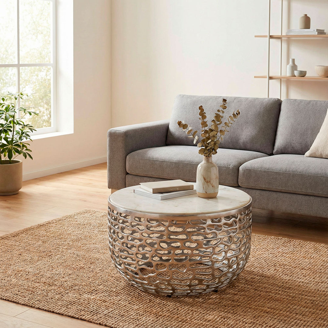 Designer metal sofabord sølvfarvet med hvid marmor, bordplade 60 cm rund, håndlavet
