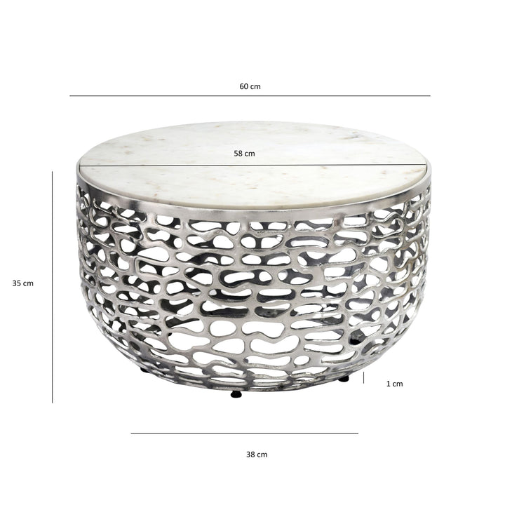 Designer metal sofabord sølvfarvet med hvid marmor, bordplade 60 cm rund, håndlavet