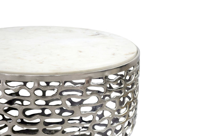 Designer metal sofabord sølvfarvet med hvid marmor, bordplade 60 cm rund, håndlavet