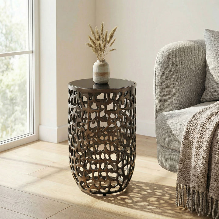 Rundt Sidebord 30 cm i Sort Aluminium med Glasplade – Moderne Designbord
