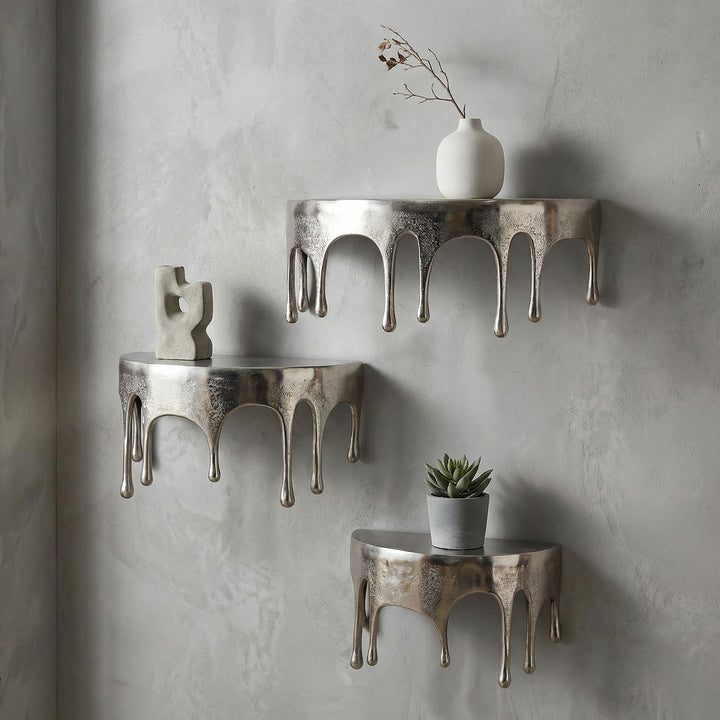 Sæt med 3 væghylder i aluminium - Sølvfarvet - Dråbedesign - Håndlavet