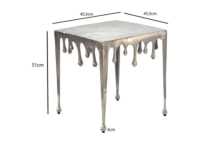 Kvadratisk sidebord i aluminium - 45,5 cm - Sølvfarvet - Dråbedesign - Håndlavet