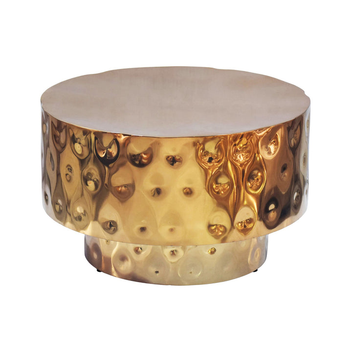 Sofabord i aluminium 60 cm guld – rundt designbord til stuen – moderne loungebord – tromleformet sofabord – håndlavet sidebord
