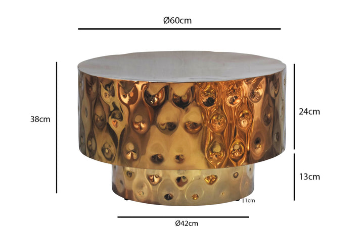 Sofabord i aluminium 60 cm guld – rundt designbord til stuen – moderne loungebord – tromleformet sofabord – håndlavet sidebord