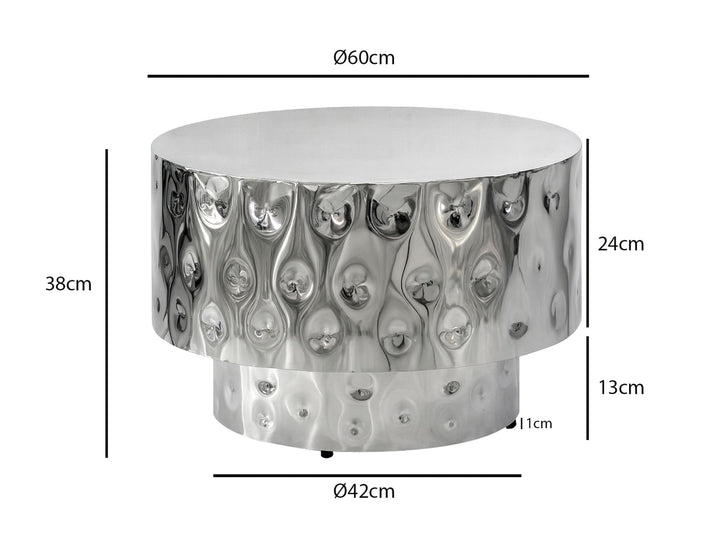 Sofabord i aluminium 60 cm sølv – rundt designbord til stuen – moderne loungebord – tromleformet sofabord – håndlavet sidebord