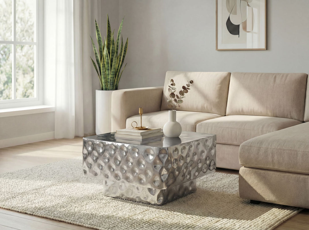 Kvadratisk sofabord i aluminium - 60 x 60 cm - Sølvfarvet - Hamret design