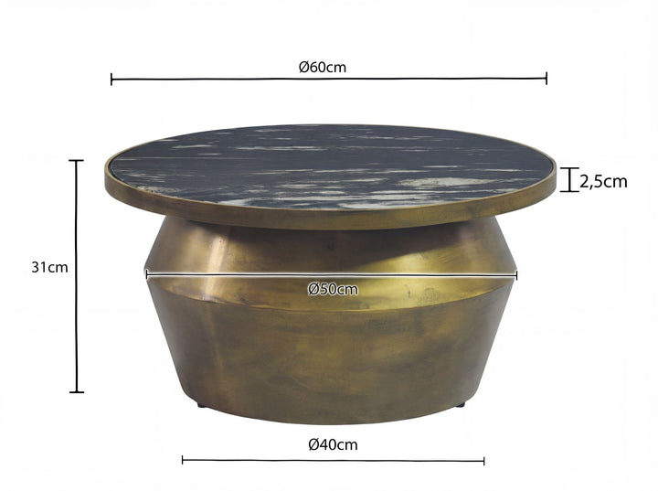 Sofabord 60 cm med sort marmorbordplade – rundt sofabord i aluminium – moderne designbord og loungebord – elegant håndlavet sidebord til stuen