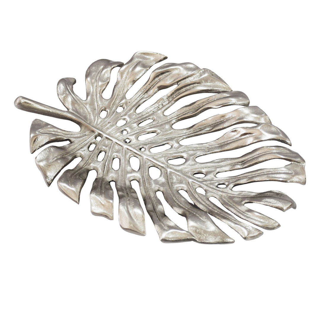 Dekorationsskål i aluminium - Monstera bladdesign - 36 cm - Sølvfarvet - Håndlavet