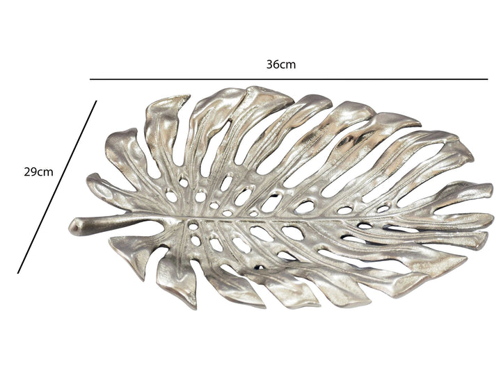 Dekorationsskål i aluminium - Monstera bladdesign - 36 cm - Sølvfarvet - Håndlavet