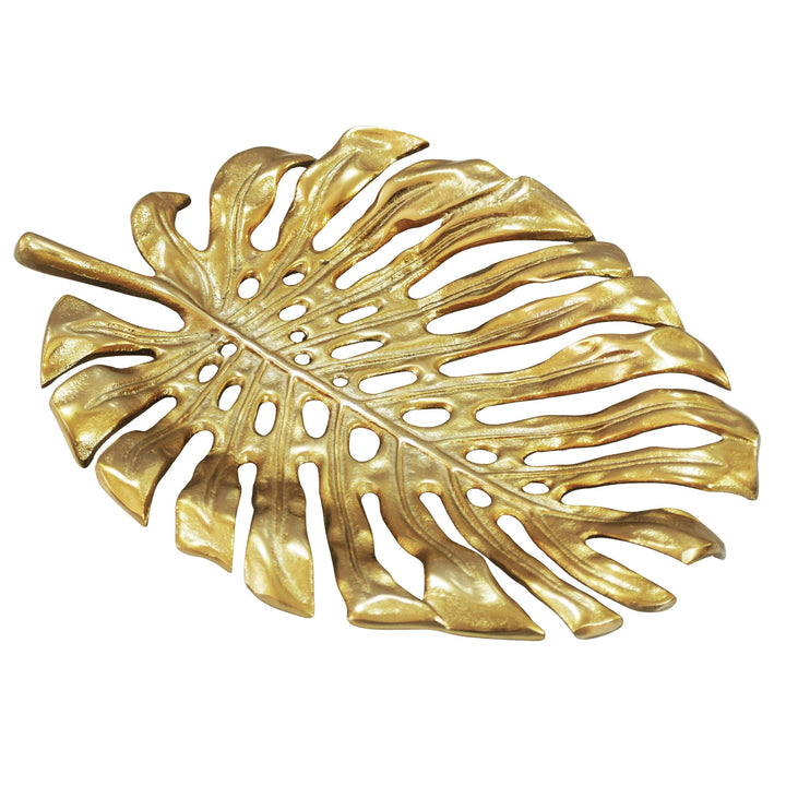 Dekorationsskål i aluminium - Monstera bladdesign - 36 cm - Guldfarvet - Håndlavet
