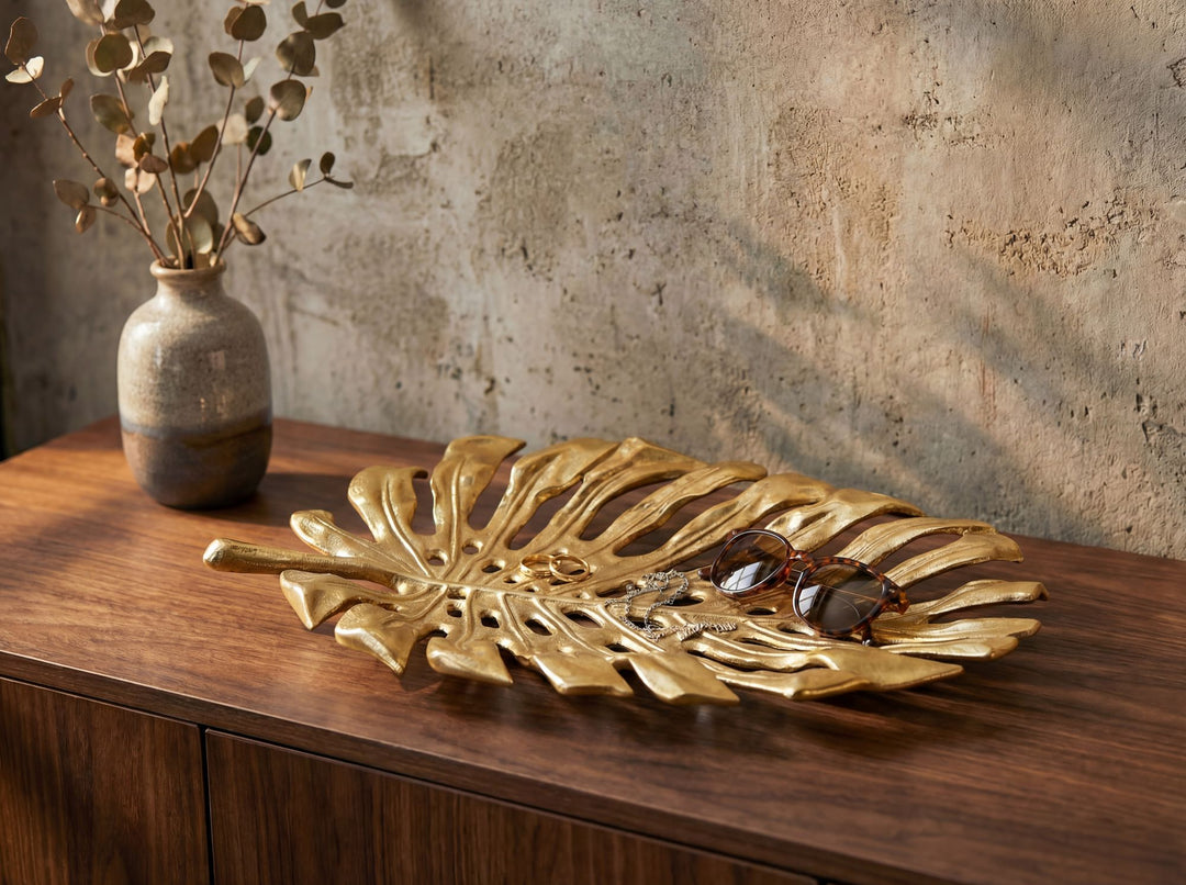 Dekorationsskål i aluminium - Monstera bladdesign - 36 cm - Guldfarvet - Håndlavet