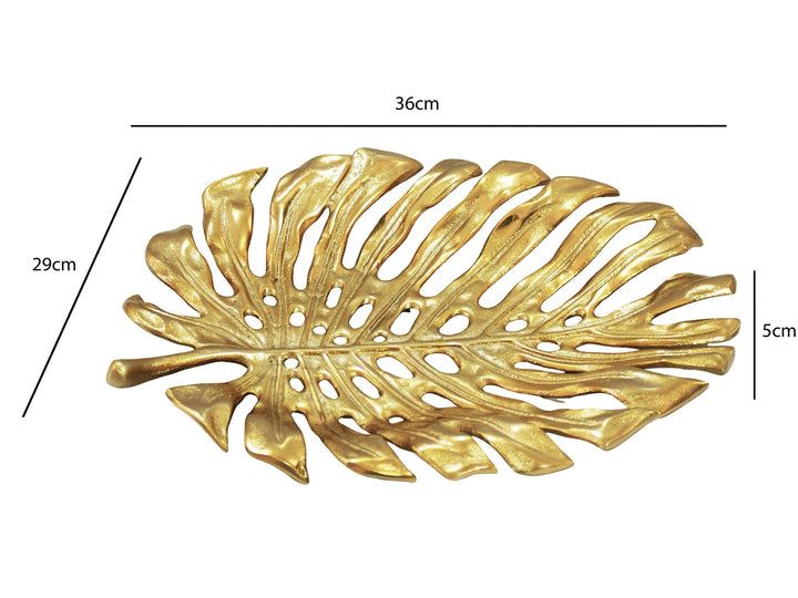 Dekorationsskål i aluminium - Monstera bladdesign - 36 cm - Guldfarvet - Håndlavet