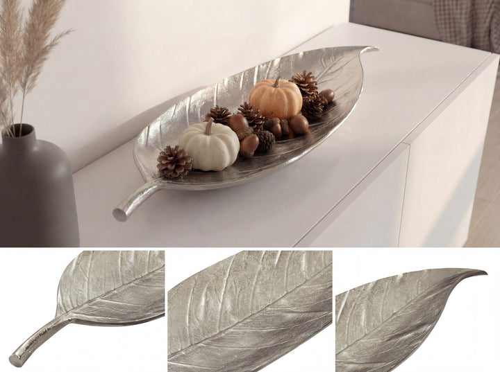 Dekorationsskål i aluminium - Bladdesign - 61 cm - Sølvfarvet - Håndlavet