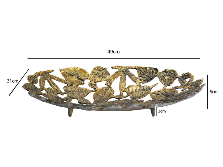 Oval dekorationsskål i aluminium med fod - 49 cm - Guldfarvet - Bladdesign