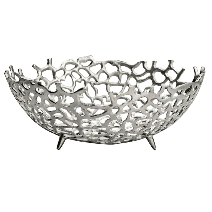 Frugtskål i sølvfarvet metal 46 cm – rund borddekoration – moderne frugtskål med fod i aluminium – elegant dekorationsskål – håndlavet frugtkurv