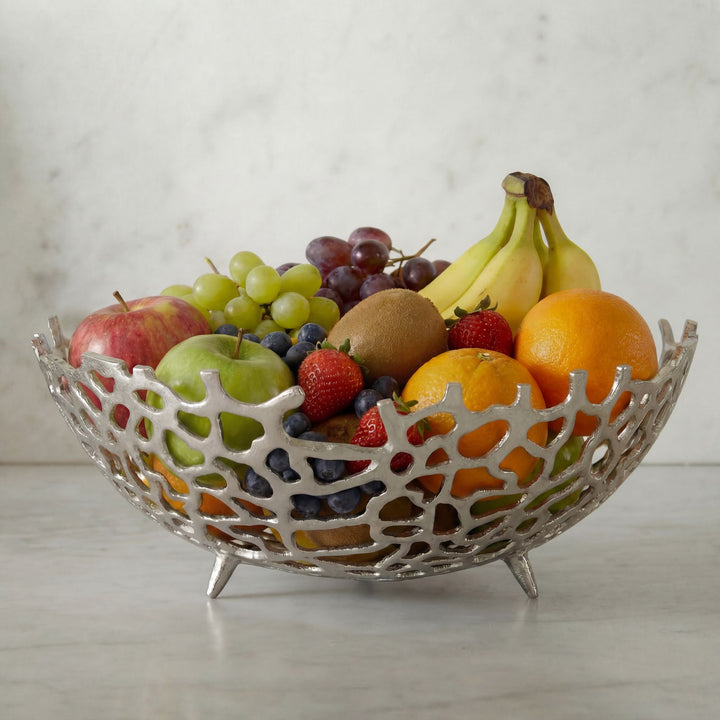 Frugtskål i sølvfarvet metal 46 cm – rund borddekoration – moderne frugtskål med fod i aluminium – elegant dekorationsskål – håndlavet frugtkurv