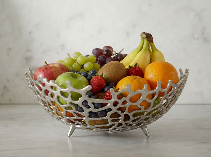 Frugtskål i sølvfarvet metal 46 cm – rund borddekoration – moderne frugtskål med fod i aluminium – elegant dekorationsskål – håndlavet frugtkurv