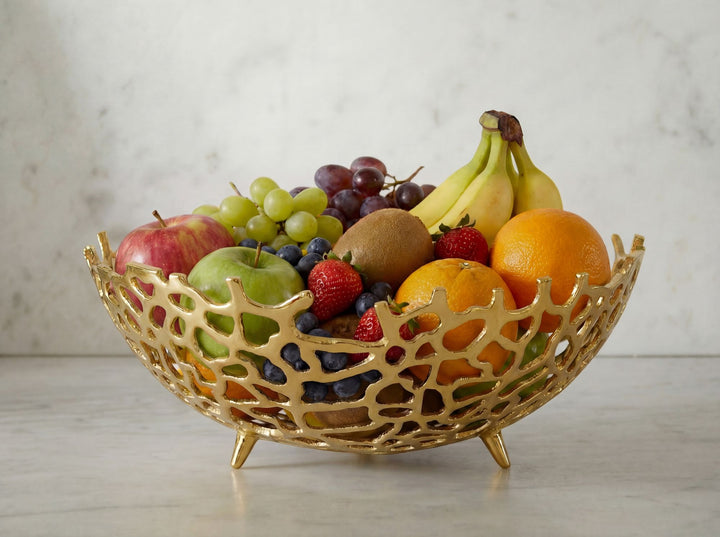 Frugtskål i guldfarvet metal 46 cm – rund borddekoration – moderne frugtskål med fod i aluminium – elegant dekorationsskål – håndlavet frugtkurv
