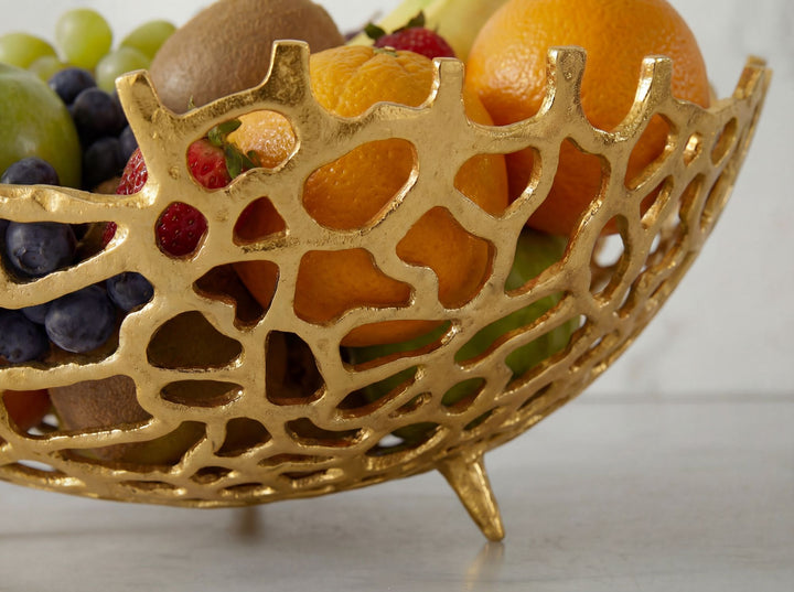 Frugtskål i guldfarvet metal 46 cm – rund borddekoration – moderne frugtskål med fod i aluminium – elegant dekorationsskål – håndlavet frugtkurv
