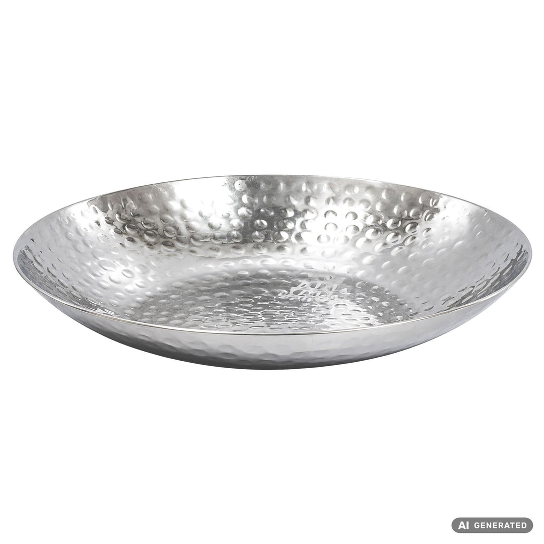 Frugtskål i sølvfarvet metal 50 cm – rund borddekoration – moderne frugtskål med hamret finish i aluminium – elegant dekorationsskål – håndlavet