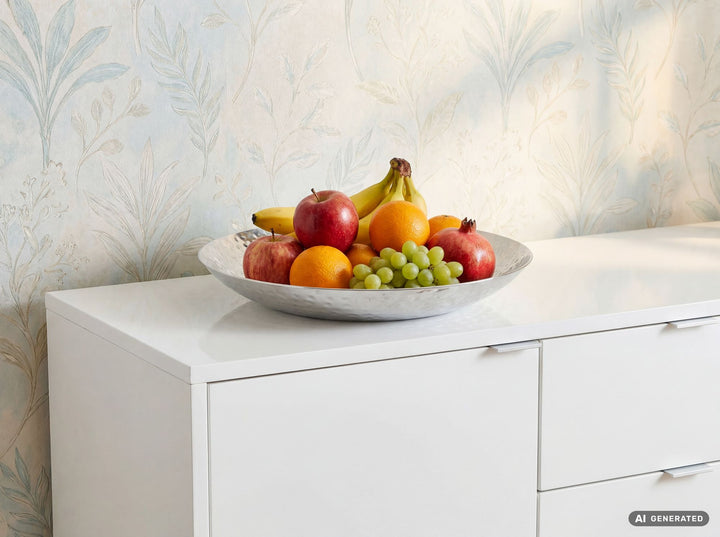 Frugtskål i sølvfarvet metal 50 cm – rund borddekoration – moderne frugtskål med hamret finish i aluminium – elegant dekorationsskål – håndlavet