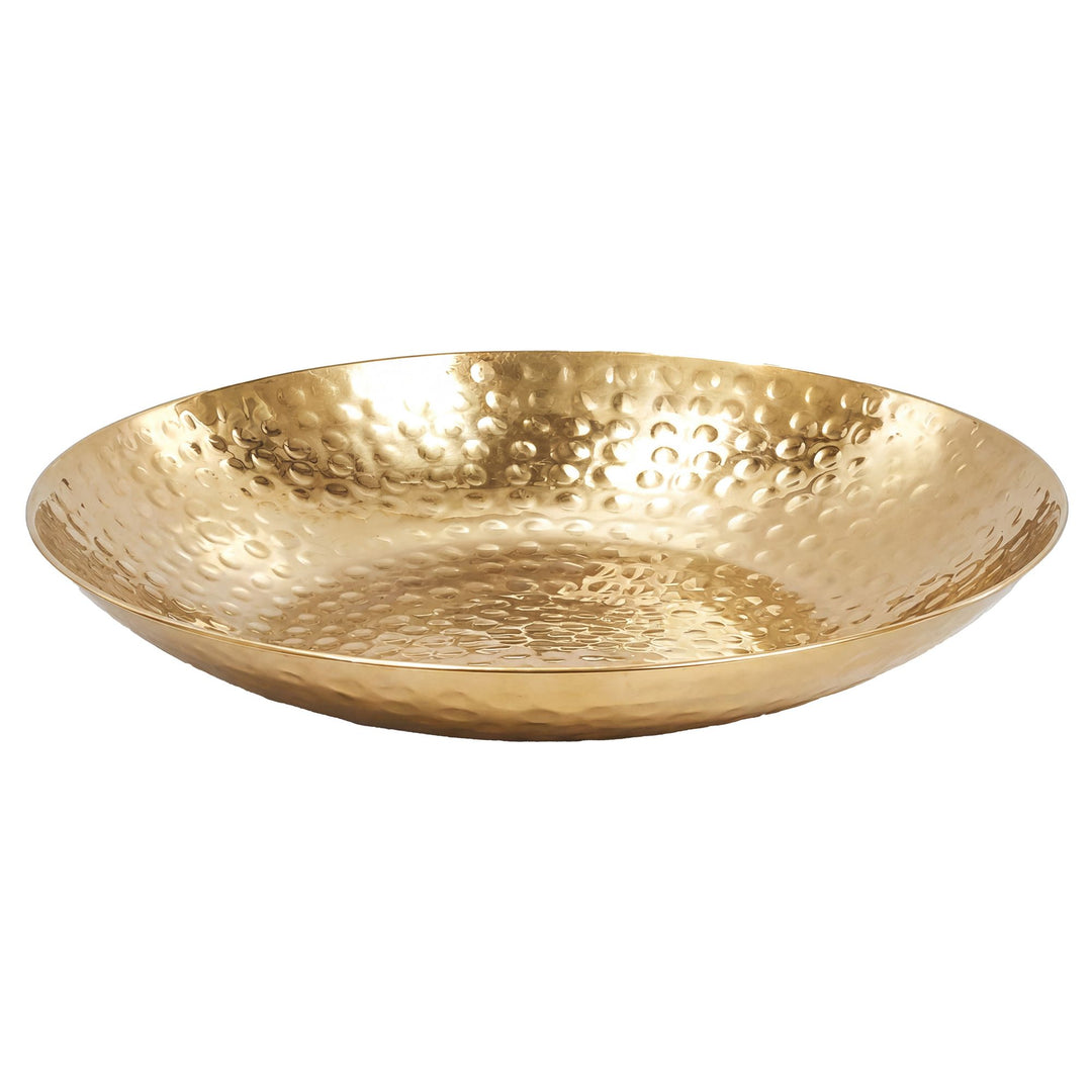 Frugtskål i guldfarvet metal 50 cm – rund borddekoration – moderne frugtskål med hamret finish i aluminium – elegant håndlavet skål