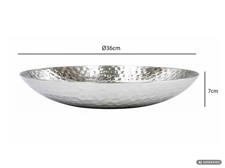 Frugtskål i sølvfarvet metal 36 cm – rund borddekoration – moderne frugtskål med hamret finish i aluminium – elegant dekorationsskål – håndlavet