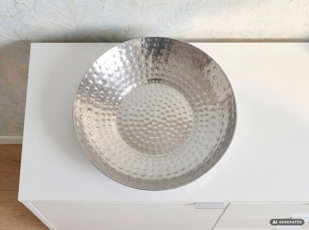 Frugtskål i sølvfarvet metal 36 cm – rund borddekoration – moderne frugtskål med hamret finish i aluminium – elegant dekorationsskål – håndlavet
