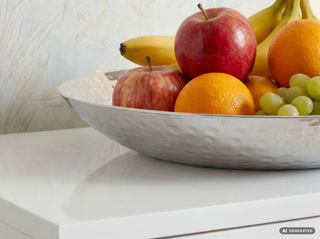 Frugtskål i sølvfarvet metal 36 cm – rund borddekoration – moderne frugtskål med hamret finish i aluminium – elegant dekorationsskål – håndlavet