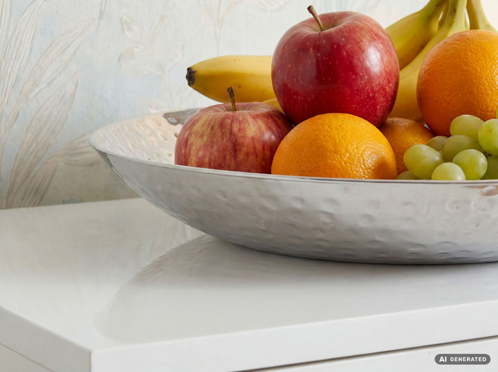 Frugtskål i sølvfarvet metal 36 cm – rund borddekoration – moderne frugtskål med hamret finish i aluminium – elegant dekorationsskål – håndlavet