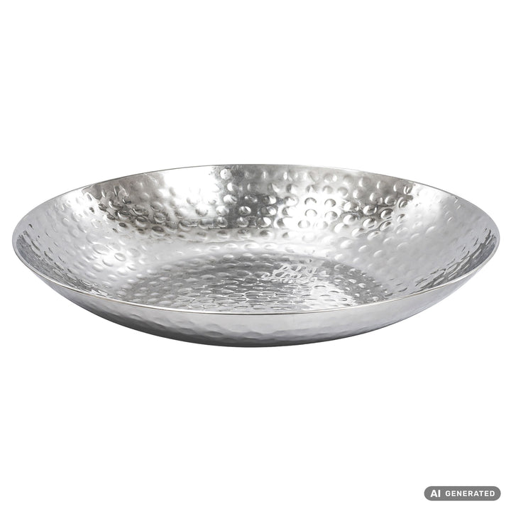 Frugtskål i sølvfarvet metal 36 cm – rund borddekoration – moderne frugtskål med hamret finish i aluminium – elegant dekorationsskål – håndlavet