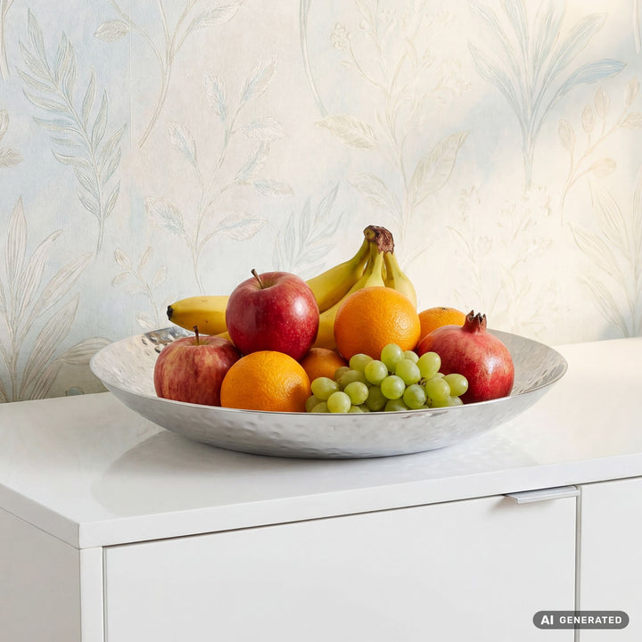 Frugtskål i sølvfarvet metal 36 cm – rund borddekoration – moderne frugtskål med hamret finish i aluminium – elegant dekorationsskål – håndlavet